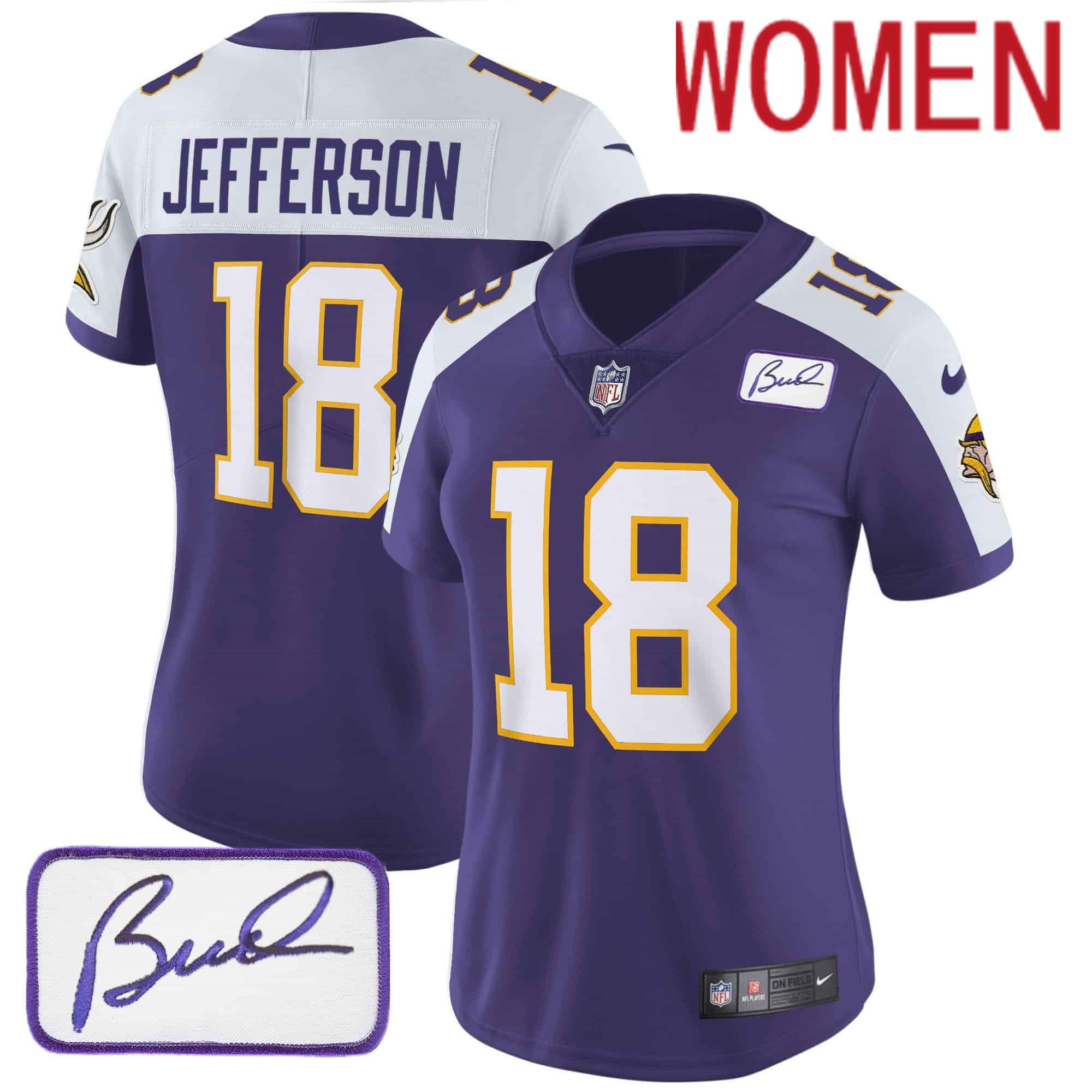 Women Minnesota Vikings 18 Jefferson Purple 2024 Nike Bud Grant Patch Classic Limited NFL Jersey style 2
